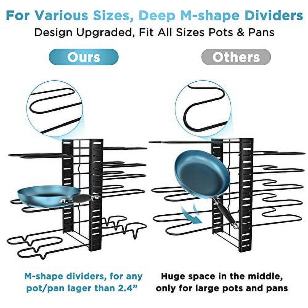 Pan Organizer Rack for Cabinet , Pot Rack with 3 DIY Methods , Adjustable Pots and Pans Organizer Under Cabinet with 8 Tiers