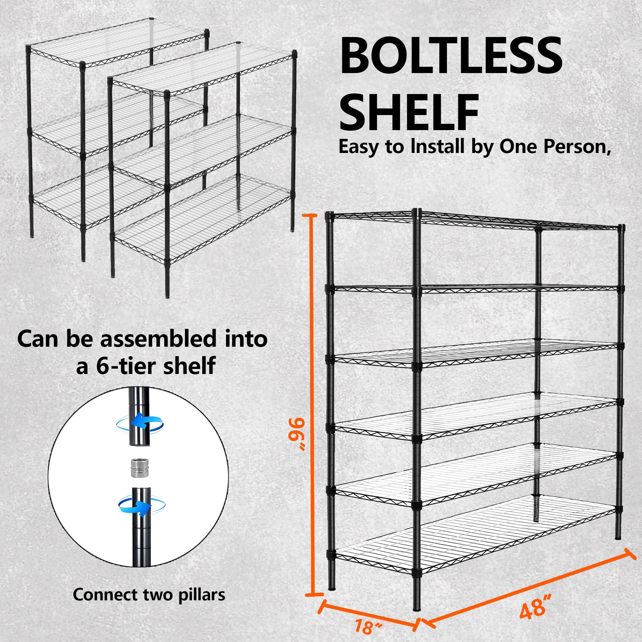 Set of 2 3-Tier Steel Wire Shelving Unit, 48" L x 18" D x 96" H, Black