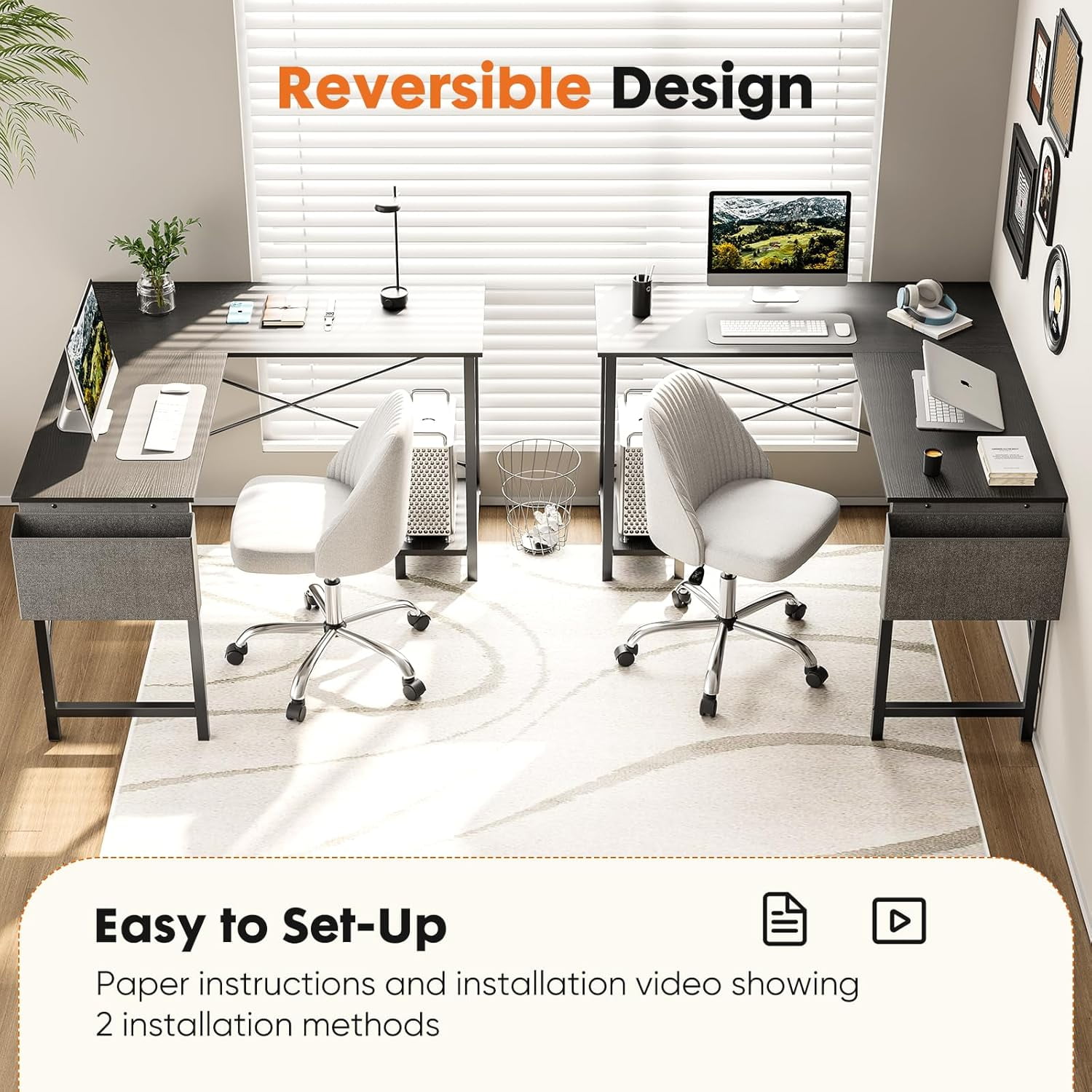 Bigleap L Shaped Computer Desk - Gaming Table Corner Desk 50 Inch PC White Writing Desk Study Desks with Wooden Desktop CPU Stand Side Bag Reversible for Home Office Room Small Space，Black