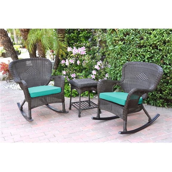 W00215-2-RCES032 Windsor Espresso Wicker Rocker Chair & End Table Set with Turquoise Chair Cushion