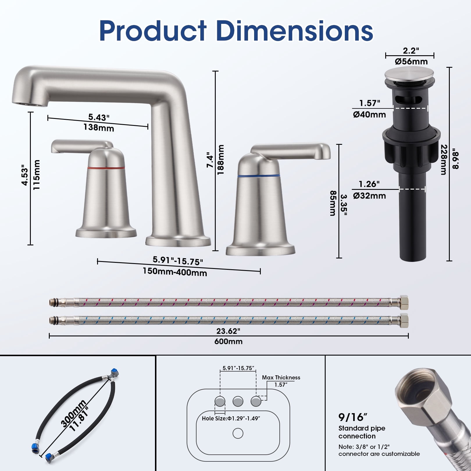 Wowkk 3 Hole Bathroom Faucet 2 Handle Widespread Bathroom Sink Faucet with Pop up Drain and Supply Lines, Brass Vanity Faucet for Rv Farmhouse Lavatory Restroom Sink, Brushed Nickel
