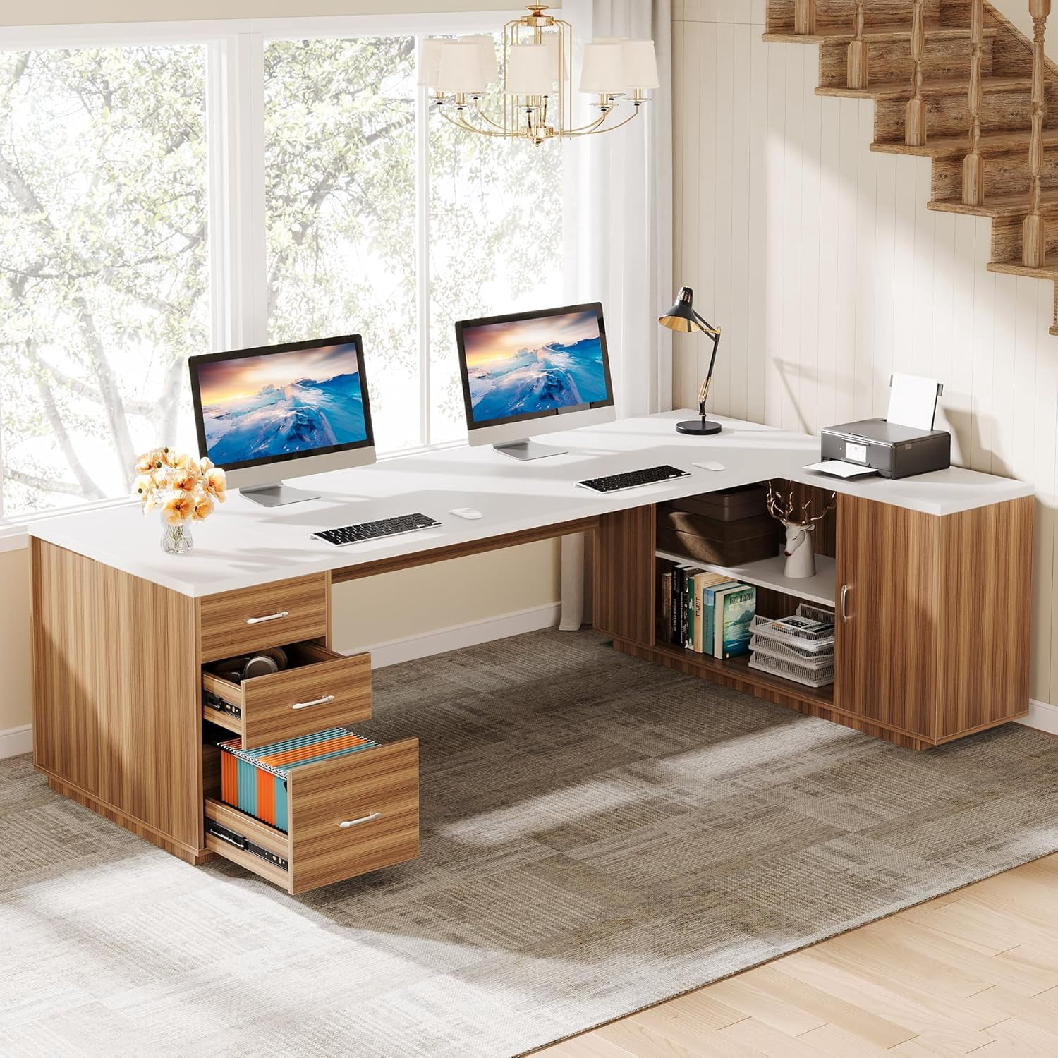 Tribesigns 85.8-Inch L-Shaped Executive Desk, Extra Large Modern Office Desk with File Drawers, Door Cabinet & Shelves, White & Brown