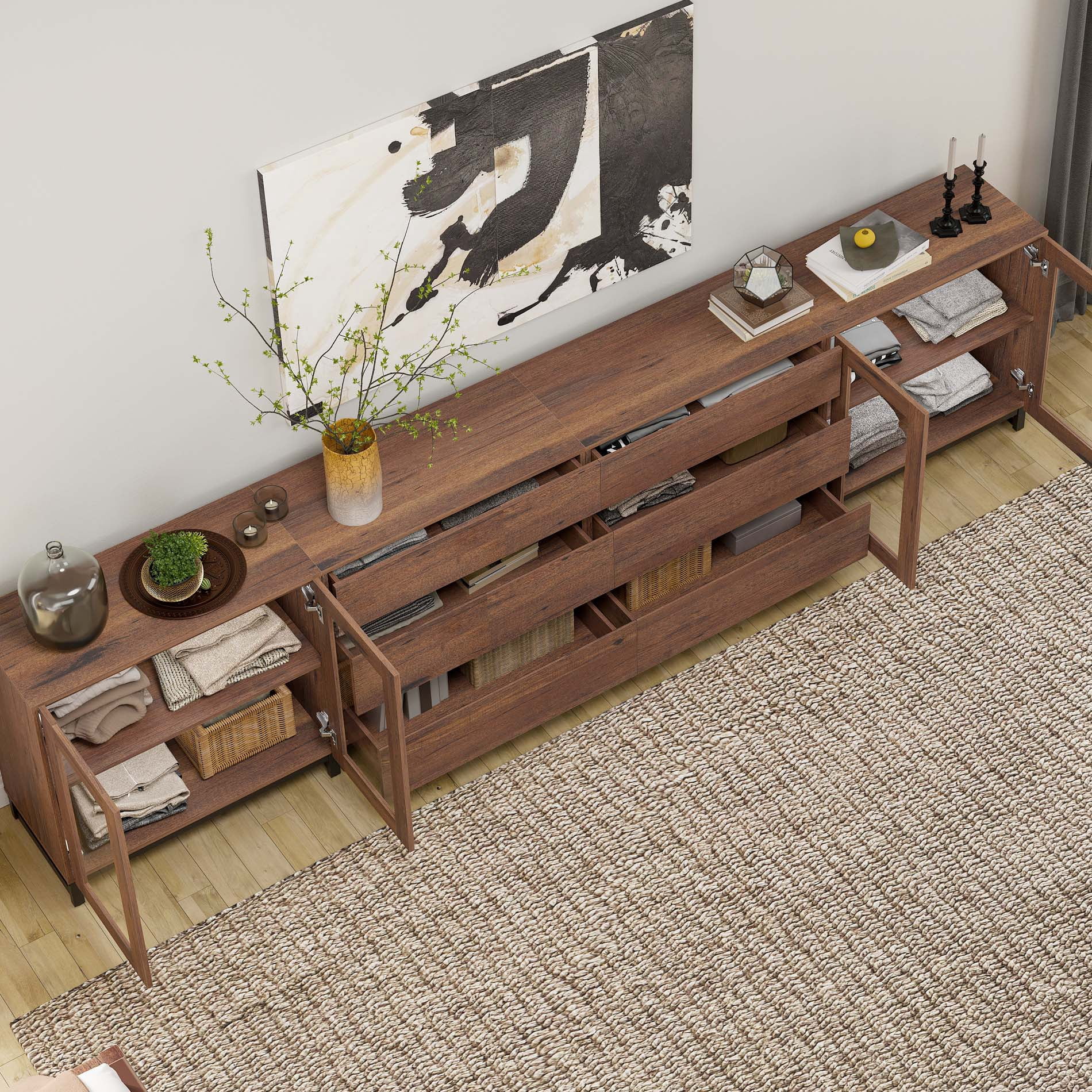 4 In 1 Multifunctional Chest of Drawers, Glass Door Dresser with 6 Drawers and Adjustable Shelves, Home Storage Cabinet Organizer for Bedroom,Brown