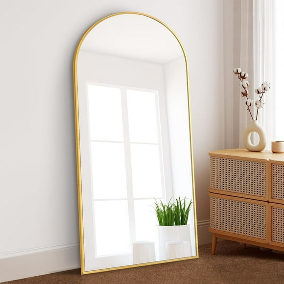 A2ZHOME Dolonm Arched Full Length Mirror with Stand, 71"x32", Gold (asPic)