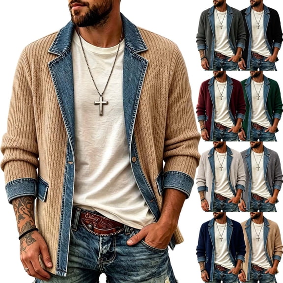 Stamzod Jackets for Men Fall Fashion Denim Patchwork Knit Blazers Business Casual Lapel Work Jacket with Pocket Black XXL