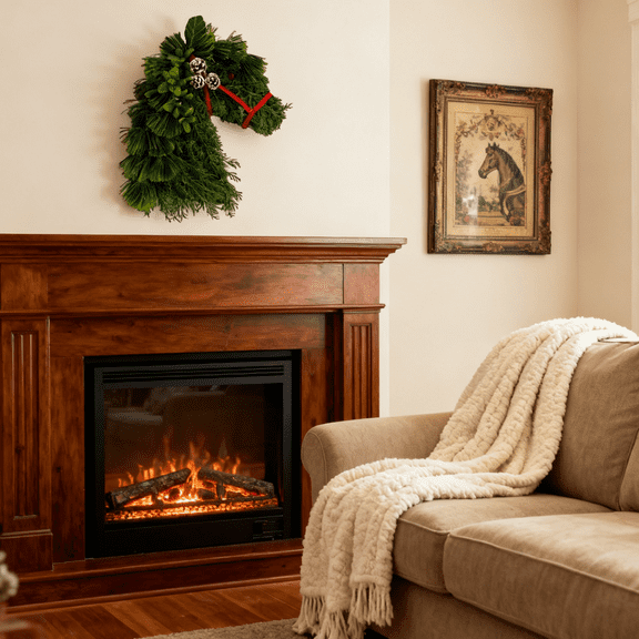 Horse Head Wreath – Handmade Rustic Farmhouse Equestrian Christmas Garland, Front Door Holiday Wreath with Velvet Accents, Perfect for Christmas & Seasonal Decor