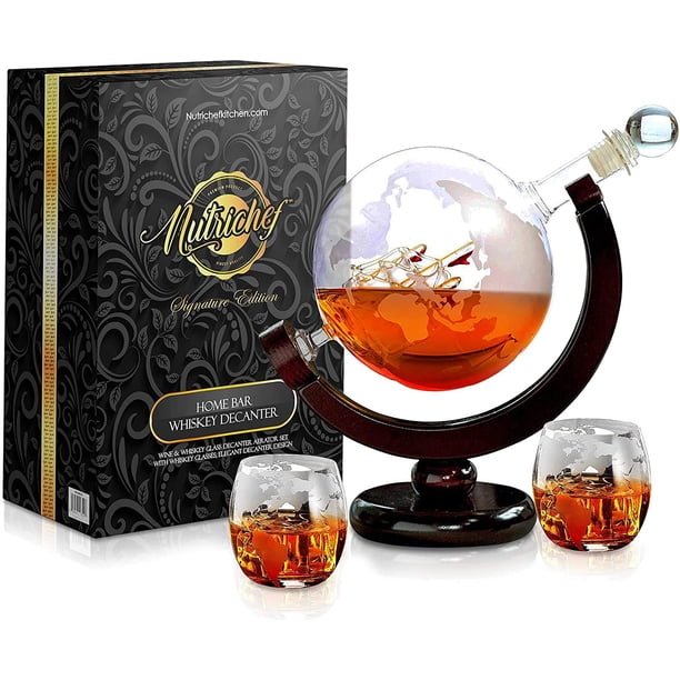 NutriChef Decantador de Whisky de Vidrio - Juego de Decantador de Alcohol con Jarra de Whisky Globo de 850 ml con Vasos Decantador de Licor con Tapón y Base para Brandy Vino Coñac Ron Gin Scotch Bourb