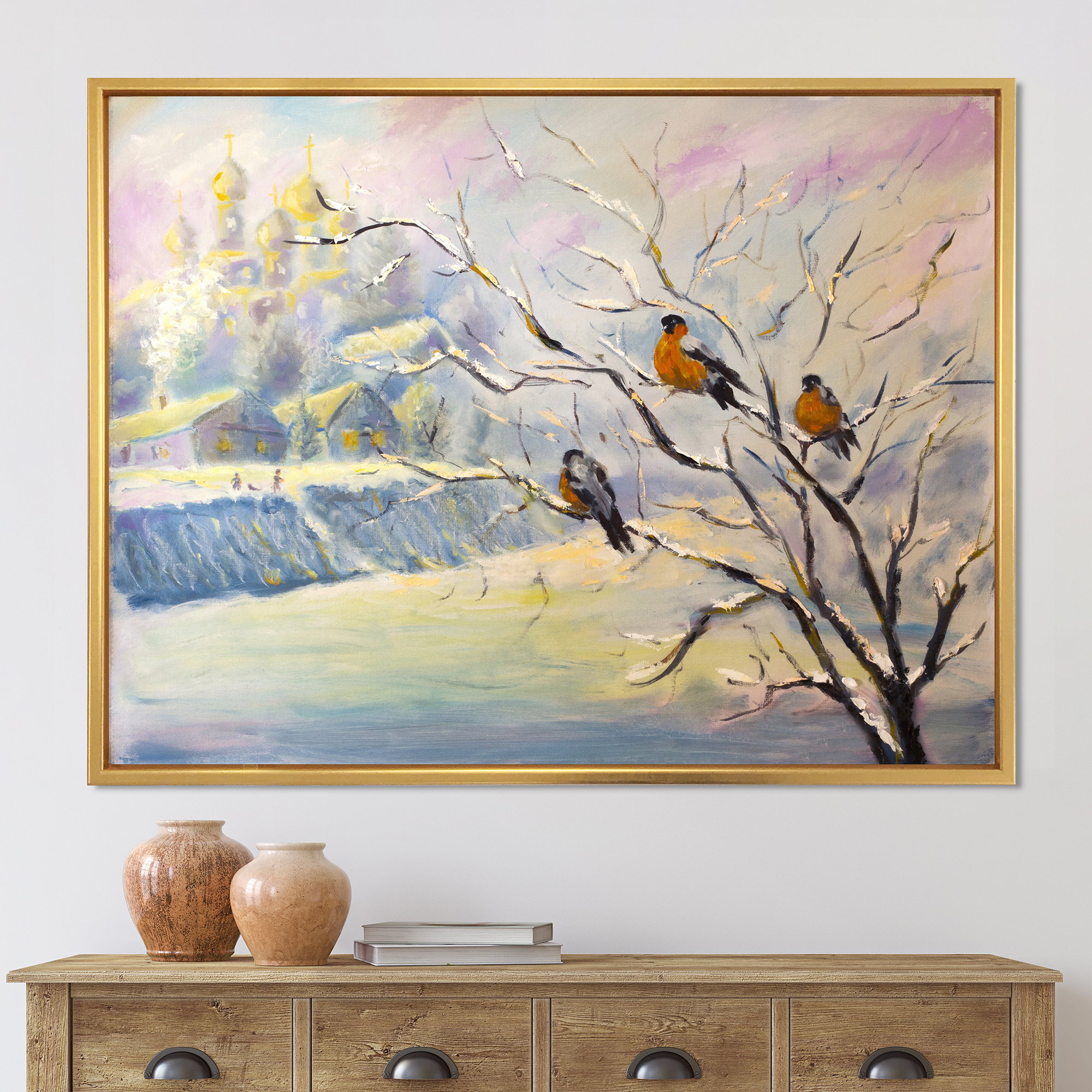 Designart 'Rustic Birds Sitting On A Tree In Winter Village' Farmhouse Framed Canvas Wall Art Print