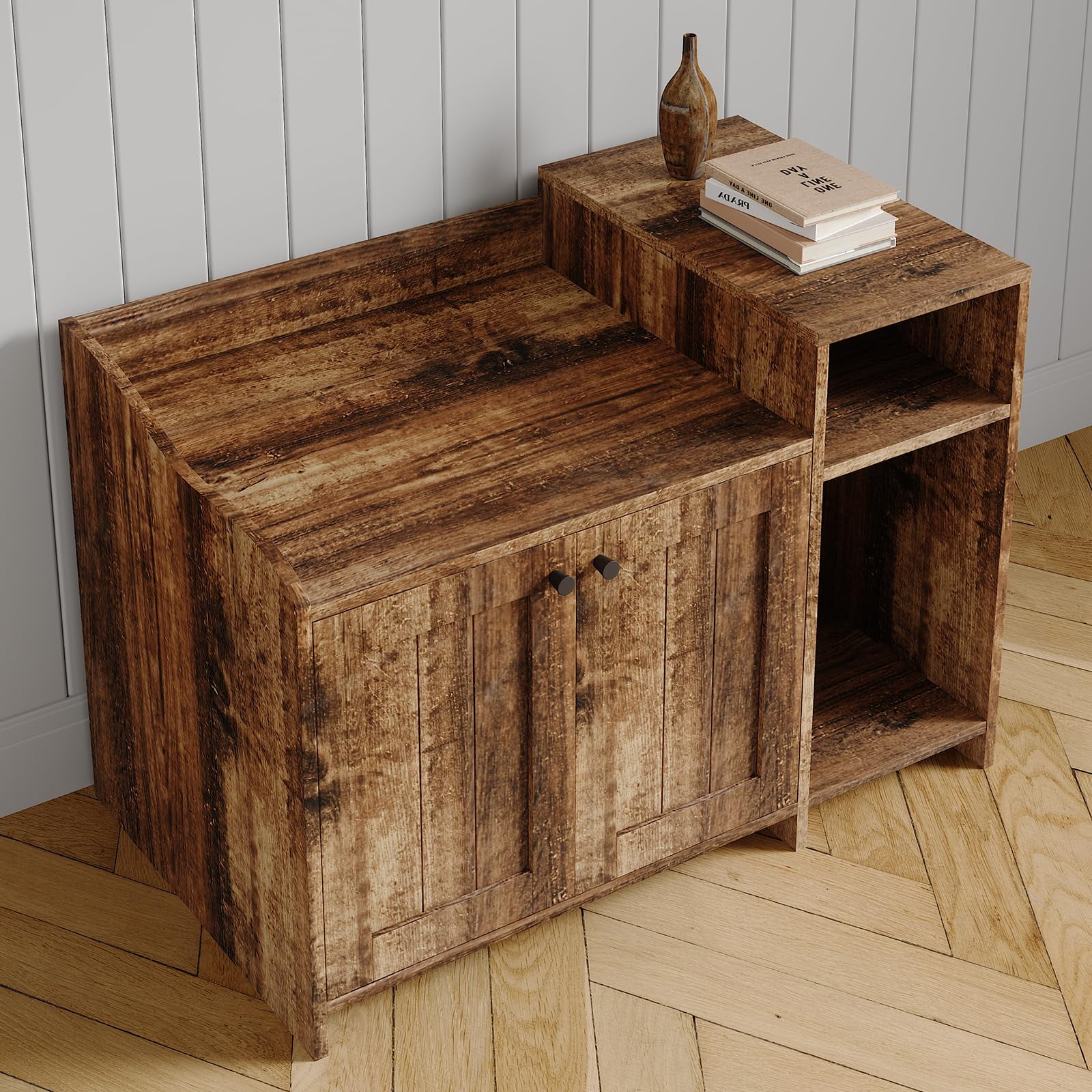 Soonbuy Cat Litter Box Enclosure Furniture, Hidden Litter Box Cabinet, Indoor Wooden Cat Washroom with Storage, Pet House, Dog Proof Hideaway Kitty Covered Litter Box Enclosure