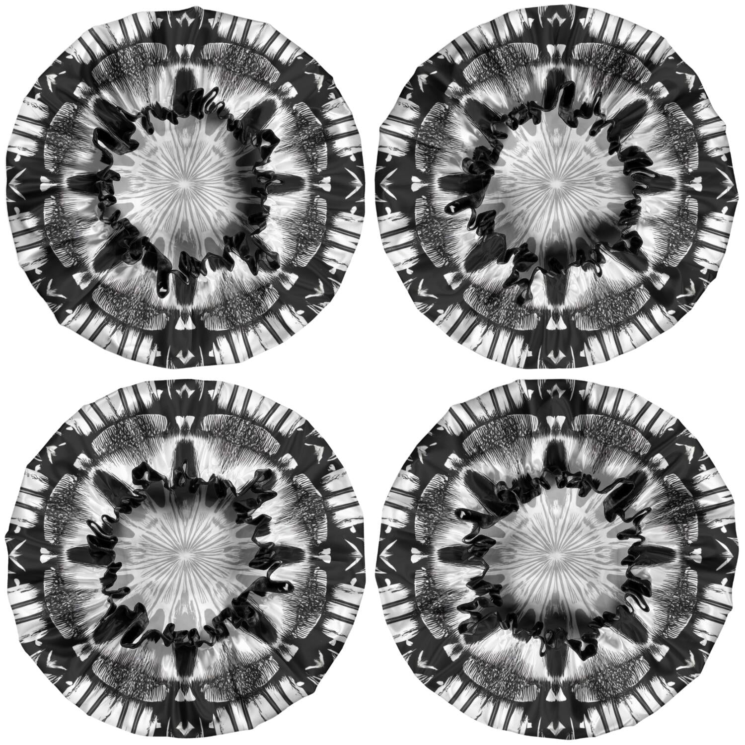 Shower Caps,Black White Tie Dye Mandala Pattern Waterproof Shower Cap for Women 4 Pieces,Double Reusable Hair Cover for Shower PEVA Elastic Stretch Hem