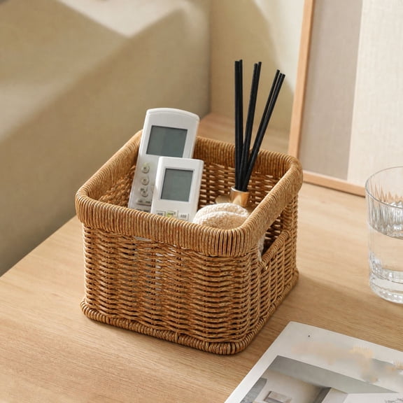 Dalxymotic Woven Storage Basket, 6x6x5 inch Plastic Open Weave Bin, Desktop Organizer for Sundries Snacks Cosmetics, Basket for Tabletop Home Office Kitchen