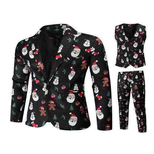 Faroot Men Christmas Suit Funny Long Sleeve Single Breasted Jacket With Vest Pants Set Multicolor