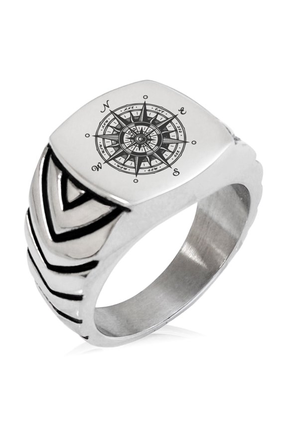 Stainless Steel Nautical Vintage Compass Chevron Pattern Biker Style Polished Ring