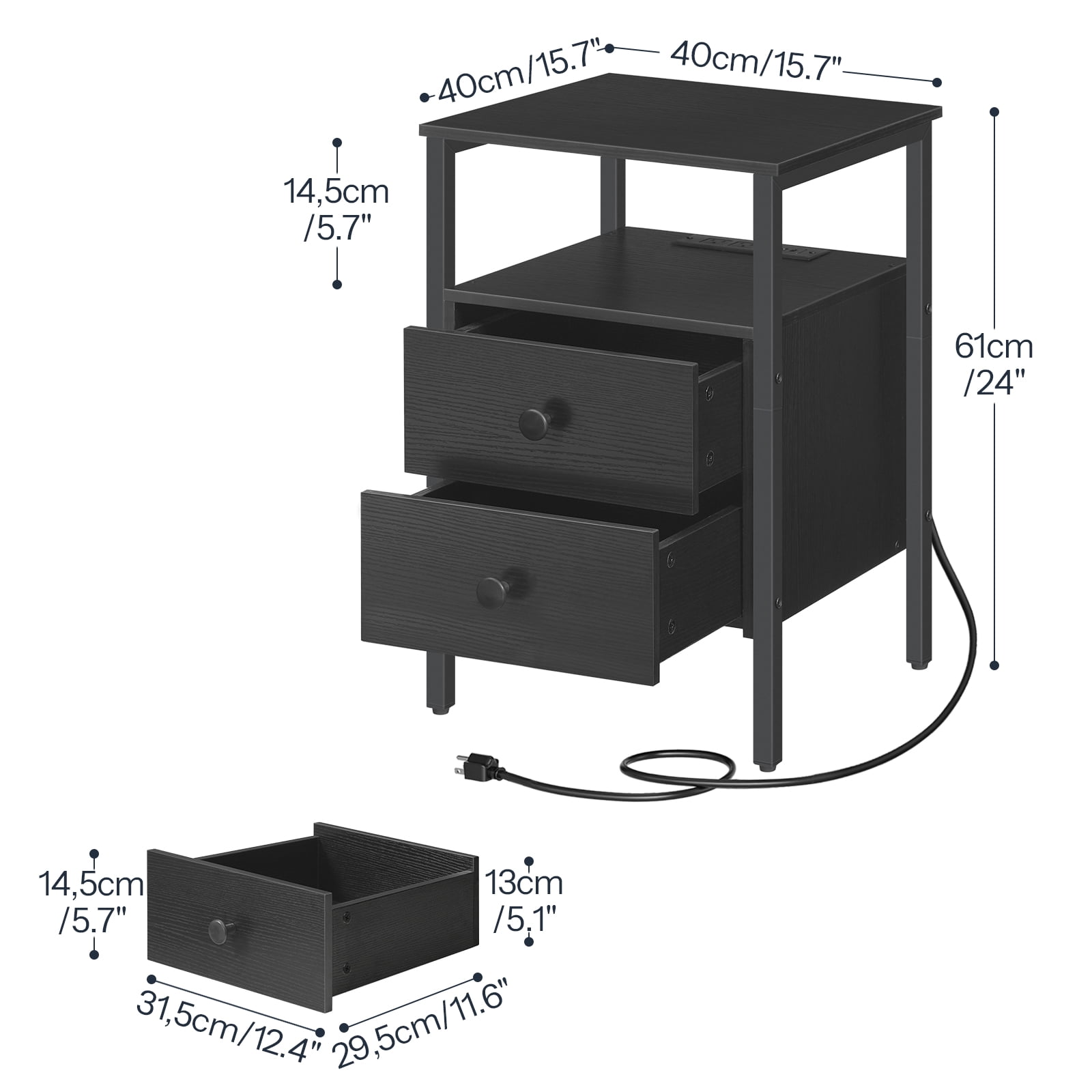 HOOBRO 24'' Tall 2 - Drawer Iron Nightstand with Storage and Built-In Outlets Black BB431BZ01G2