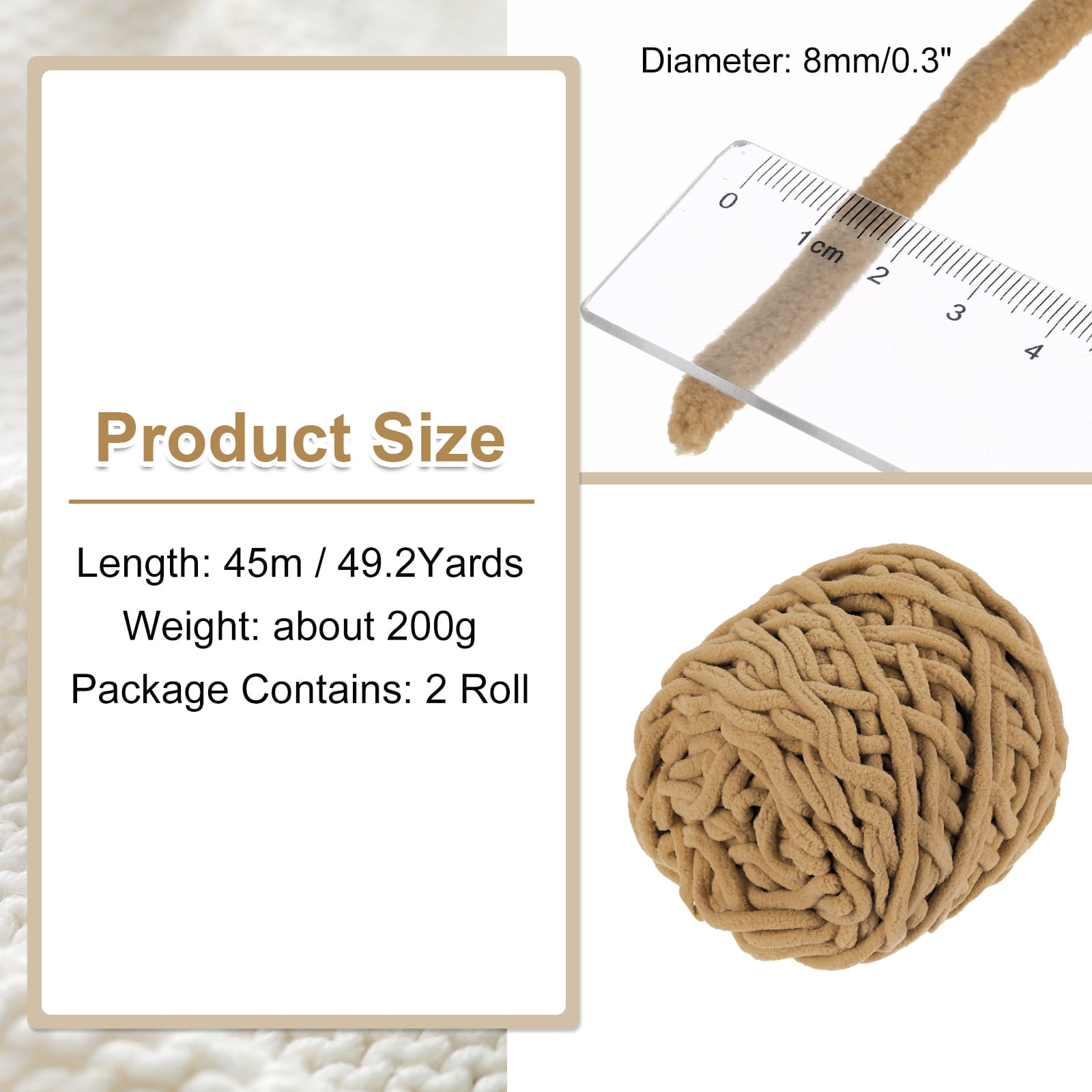 Uxcell Chenille Chunky Yarns, Plush Bulky Thick Fluffy Yarn for Crochet, Soft Velvet Blanket Yarn for Sweater Hand Knitting Crocheting Khaki