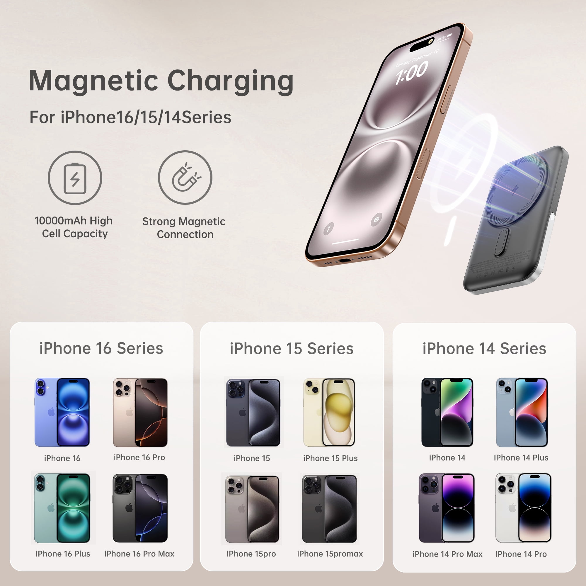 GUSGU MAG M20 10,000mAh Magnetic Power Bank with Holder, 22.5W Fast Charging Battery Pack Compatible with Magsafe iPhone 15/14/13/12 Series, Samsung, Black
