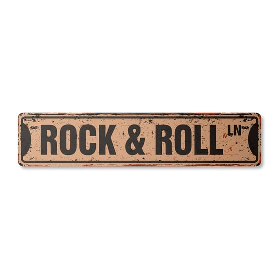 ROCK & ROLL Vintage Aluminum Street Sign fame music band guitar musician rustic metal tin | Indoor/Outdoor | 24" Wide