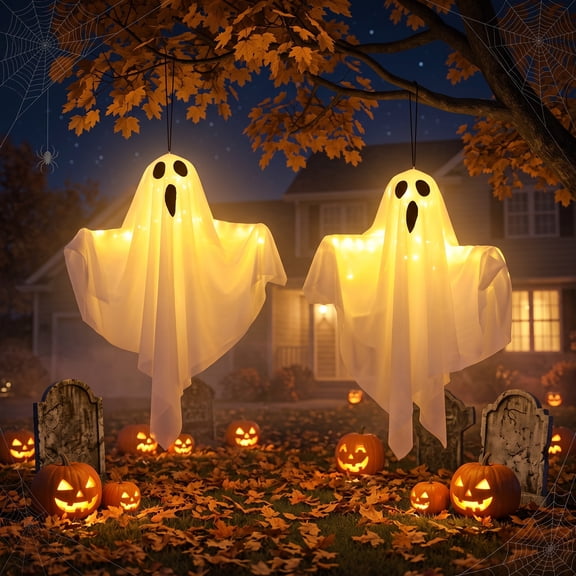 Halloween Decorations, 20 IN Outdoor Ghost Hanging Lights for Porch Indoor Yard Tree (2 Pack)