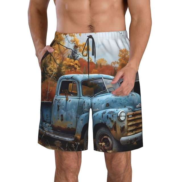 Fotbe Rustic Vintage Truck Autumn Trajes de Baño Estampados para Hombre, Shorts de Verano de Secado Rápido, Ropa de Playa, Bañadores-Medium