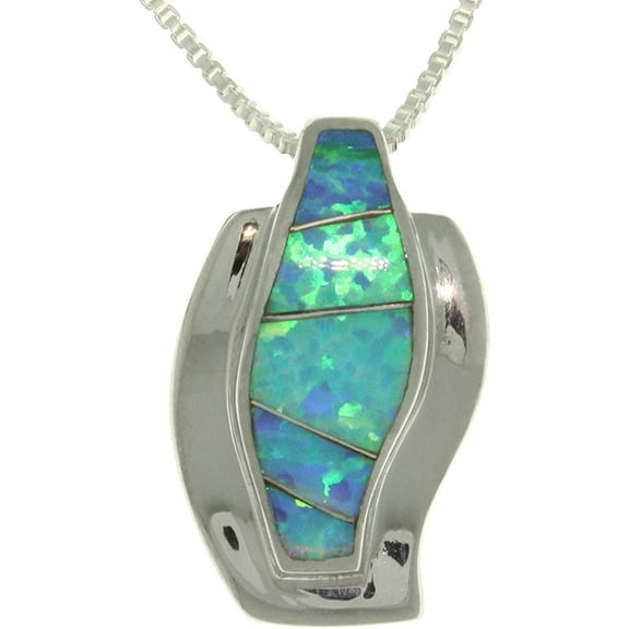 Jewelry Trends Sterling Silver Created Blue Opal Curved Half-hoop Design Pendant with Chain Necklace