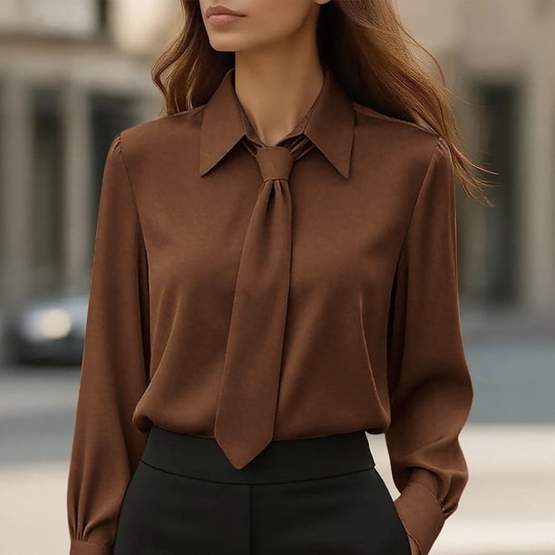 TaTaai Women's Casual Long Sleeve Blouse Solid Color Design Lapel Collar with Attached Tie Business Versatile Shirt Gift
