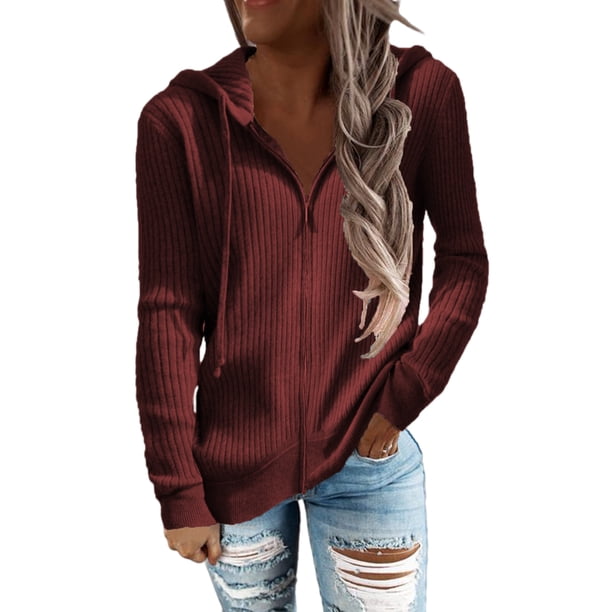Suéter con capucha para mujer, chaqueta de punto informal, sudadera con capucha y cremallera