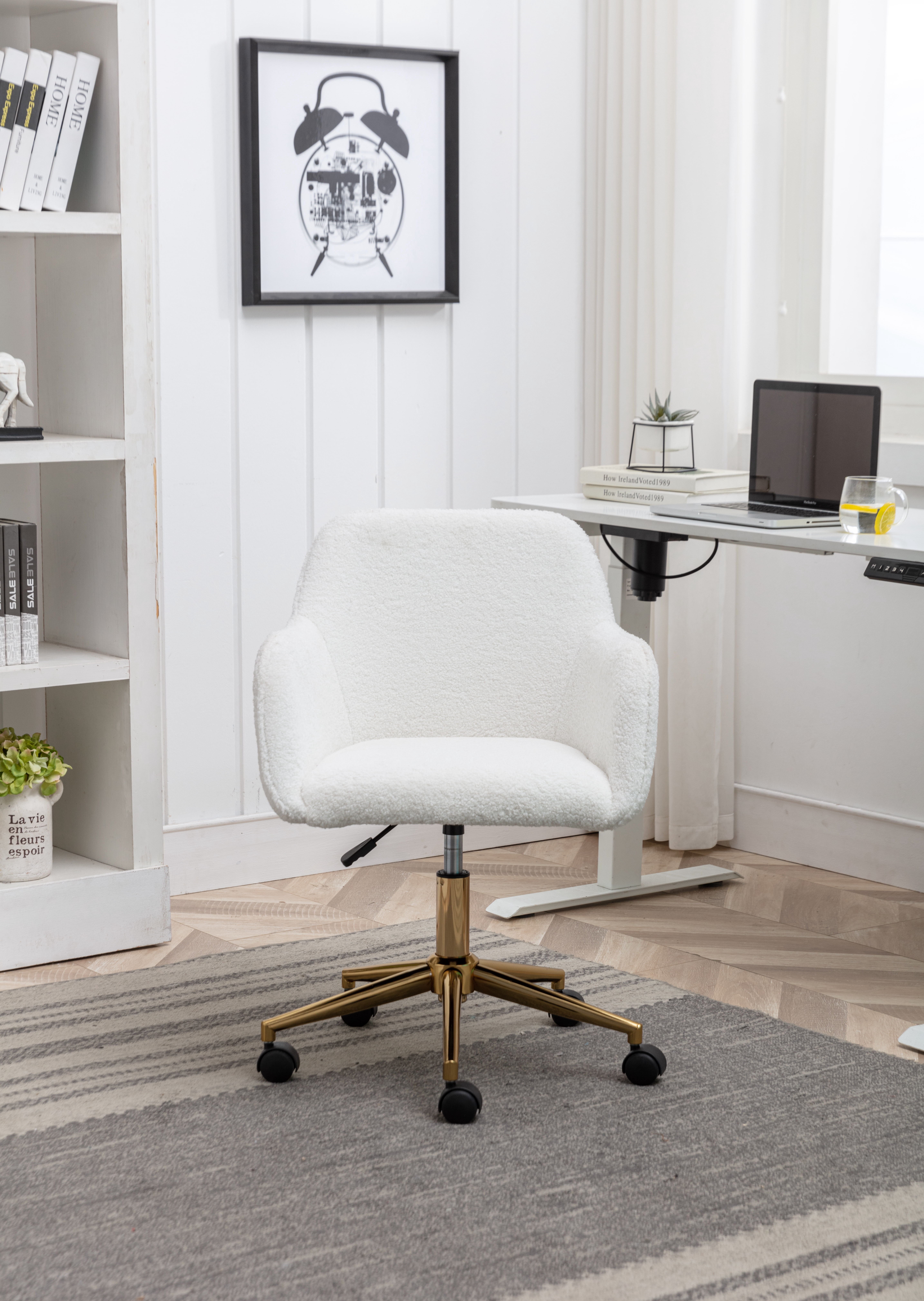 Adjustable Height 360 Revolving Home Office Chair With Gold Metal Legs And Universal Wheel For Indoor, White