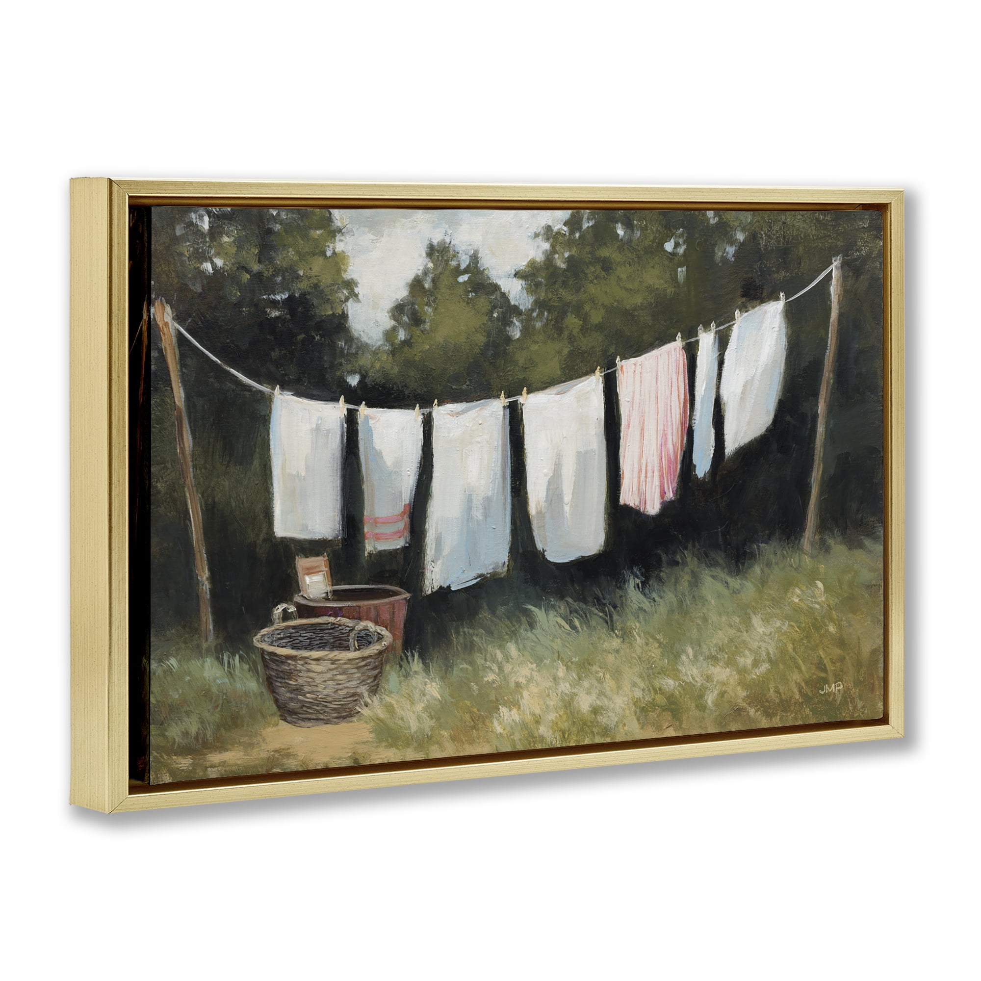 Stupell Industries Laundry Out To Dry Bath & Laundry Painting Gold Floater Framed Canvas Art Print Wall Art, 25 x 17