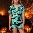 thumbnail image 2 of felwors Kids Halloween Pajamas Kids Pumpkin Ghost Print Girls Silk Pjs Short Sleeve Button-Down Top Shorts Set Kids Girls Clothes (Green,12-13 Years), 2 of 5