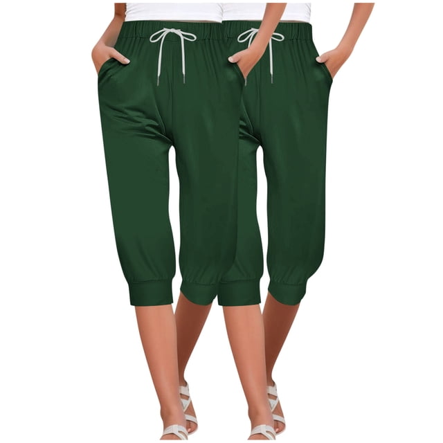 Timegard 2pc Capri Pants for Women Elastic High Waisted Drawstring Comfy Casual Crop Pants with Pockets