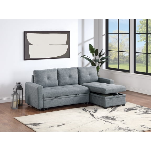 Grey and Black Polyfiber Convertible Sectional Sofa with Pull-Out Bed, Reversible Chaise, and Hidden Storage