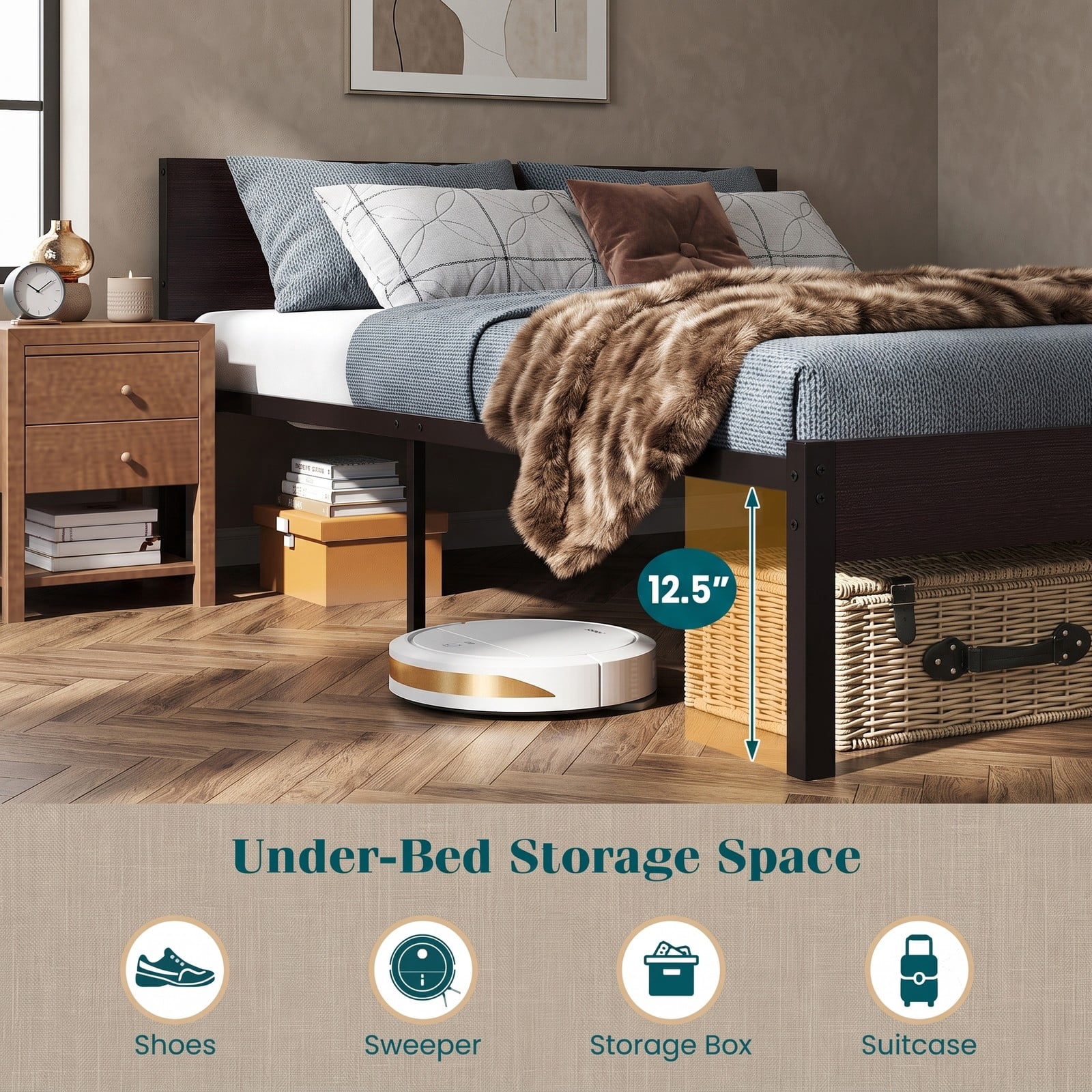 Furnibear Full Size Bed Frame Metal Platform Bed with 16 Color LED Lights Wood Grain Headboard and USB Charging Station, Dark Walnut