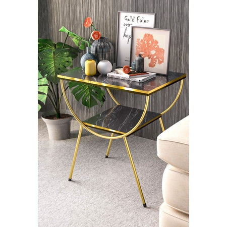 Black Marble Side Table with Gold Metal Legs, Modern Style Faux Marble Nightstand, Modern Coffee Table Gold/Black Side Details,End Table with Storage Shelf,Accent Table,Entryway Table
