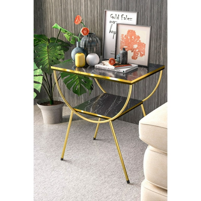 Black Marble Side Table with Gold Metal Legs, Modern Style Faux Marble