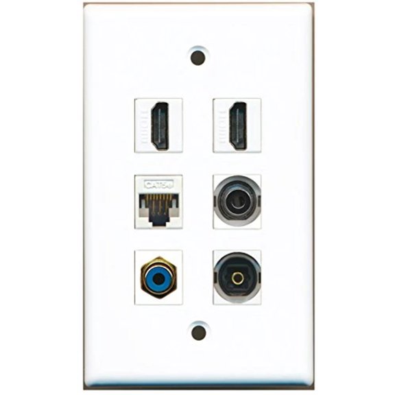 RiteAV - 2 HDMI 1 Port RCA Blue 1 Port Toslink 1 Port 3.5mm 1 Port Cat5e Ethernet White Wall Plate