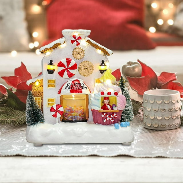 Estatuilla de Navidad, casa de dulces LED, paisaje nevado, decoraciones navideñas de interior para mesa, estantería de cumpleaños y Navidad Hugo Casa musical