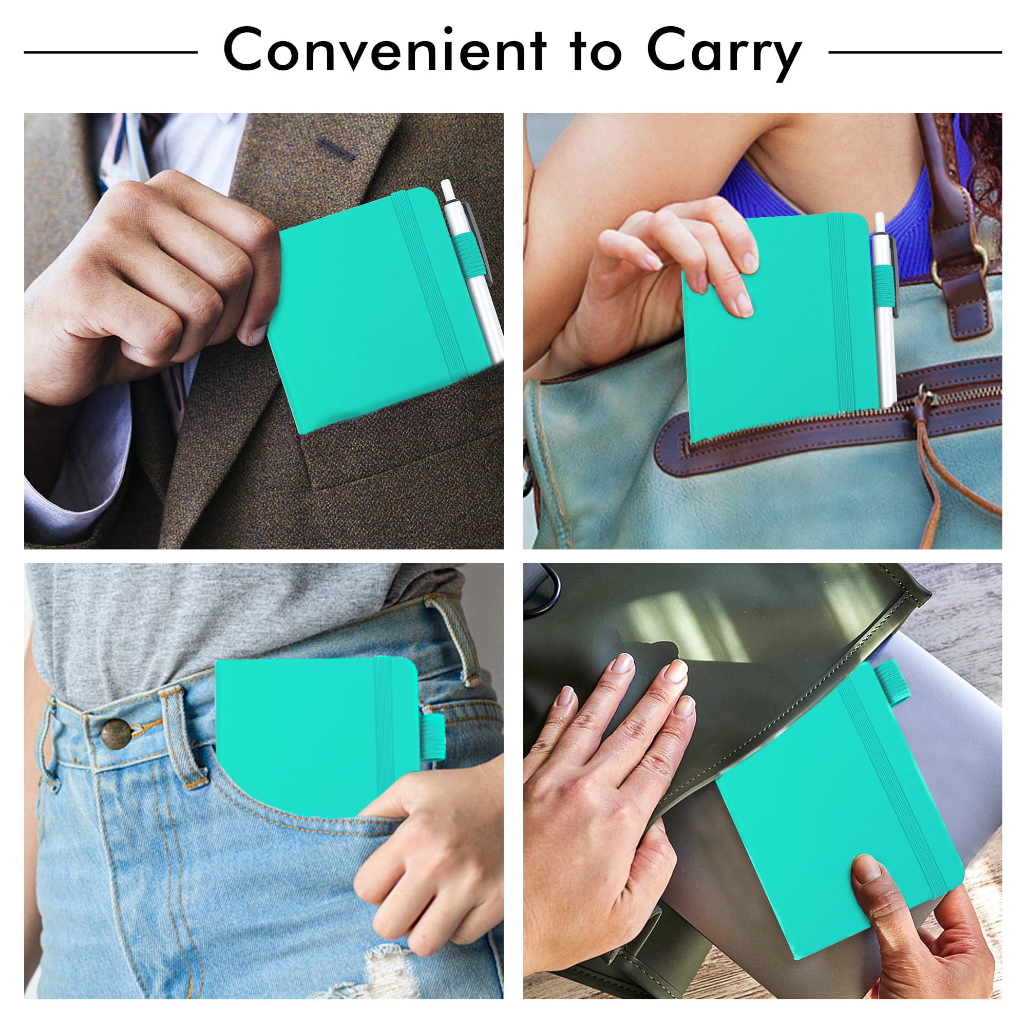 3 Pack Pocket Small Notebook Journals  Mini Cute Memo Notepad Hardcover College Ruled Lined With Pen Holder For Women Office School 3 Black Pens 3.5"x 5.5" A6 Aqua