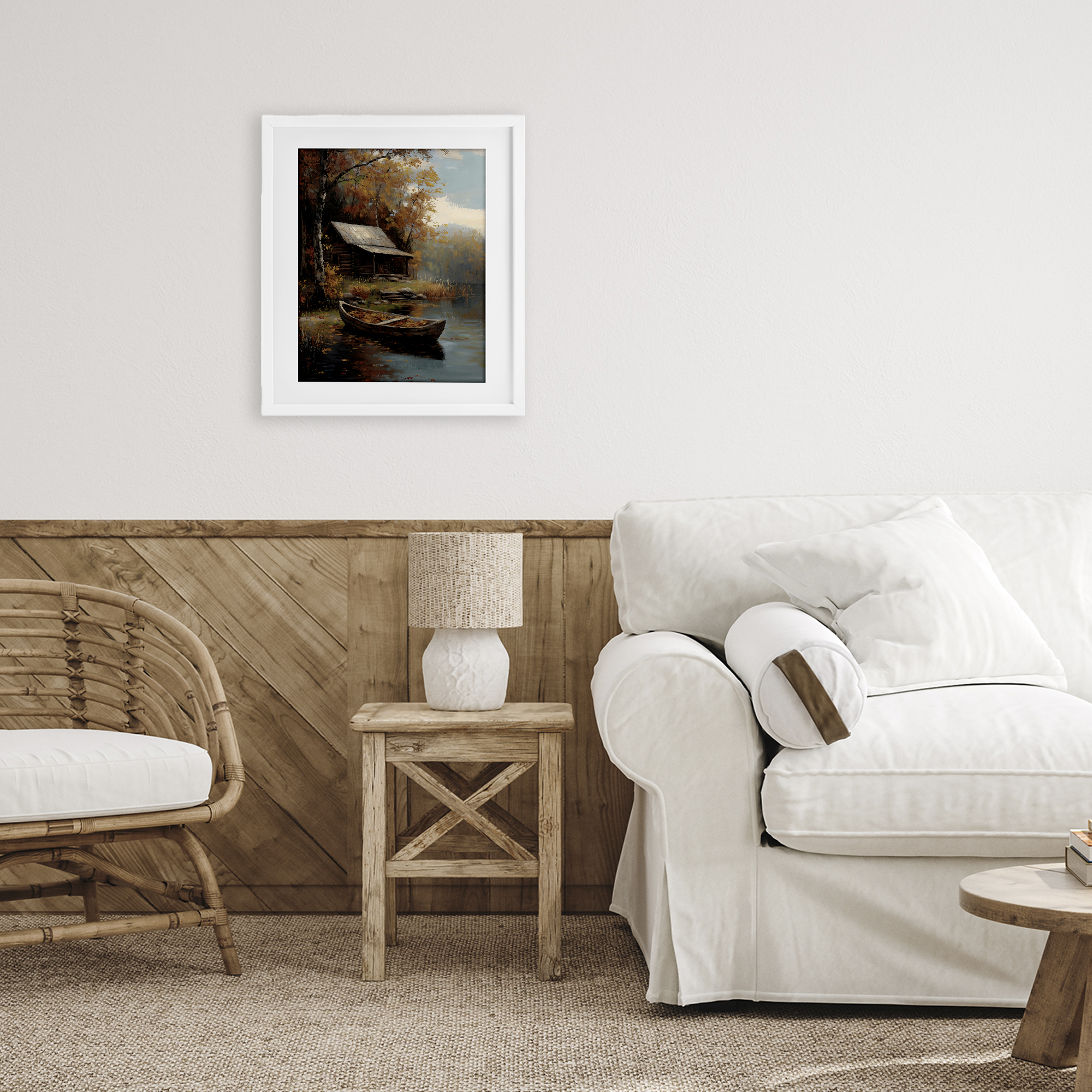 Autumn Cabin Canoe with Leaves White Framed Print Under Glass, design by Arlington Prints