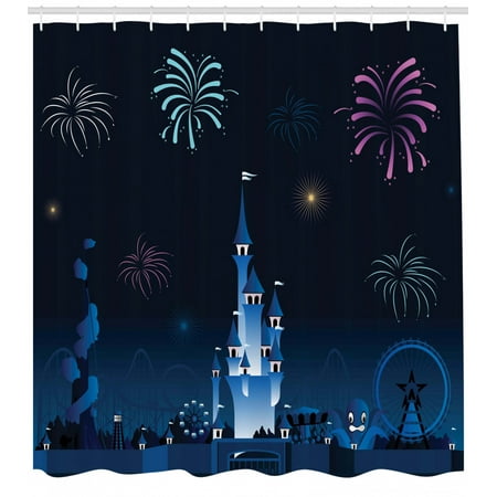 Magic Shower Curtain, Simplistic Amusement Park Silhouette Kids Magic Castle Cartoon, Fabric Bathroom Set with Hooks, Night Blue Persian Blue and Pink, by