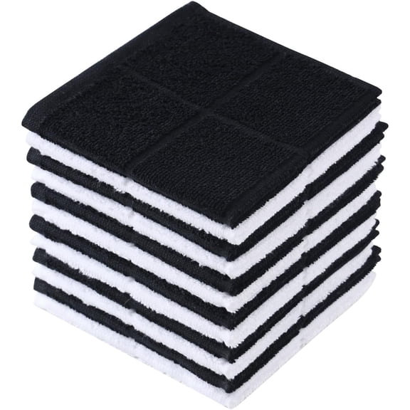 Highly Absorbent 100% Cotton Kitchen Dishcloths, Reusable Dish Rags for Washing Dishes and Cleaning, Pack of Black and White 11x11 Towels