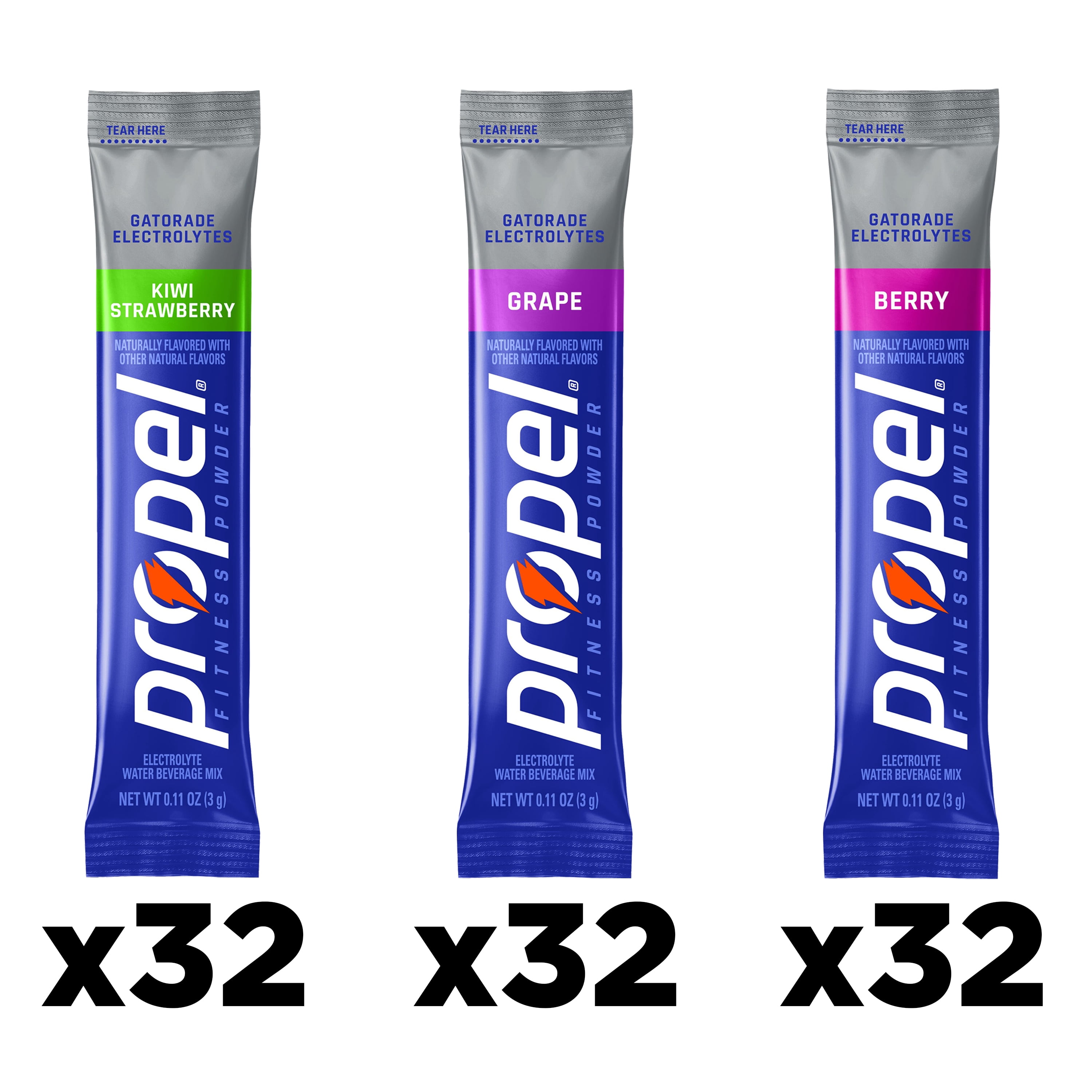 (4 pack) Propel Zero Sugar Berry, Grape and Kiwi Strawberry, On the Go Packs, Electrolyte Powder Drink Mix, 0.11 oz, 24 Count packets