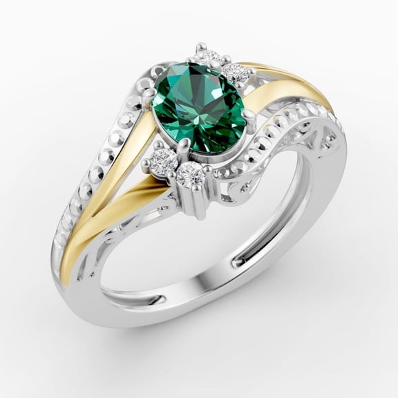 OMRE 925 Sterling Silver and 10K Yellow Gold Genuine Emerald and May Birthstone Ring Women