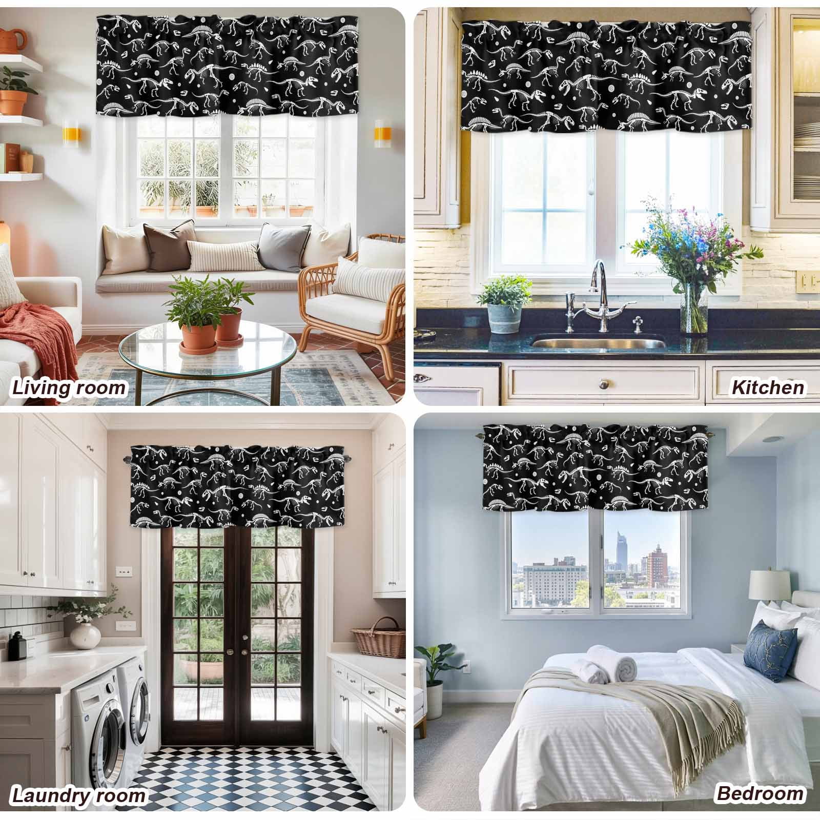 Halloween Dinosaur Black Kitchen Valances for Windows, Funny Dino Skull Boys Girls Children Bathroom Window Valances 60x18 Inch Window Treatments Valance Curtains for Living Room Bedroom Decor