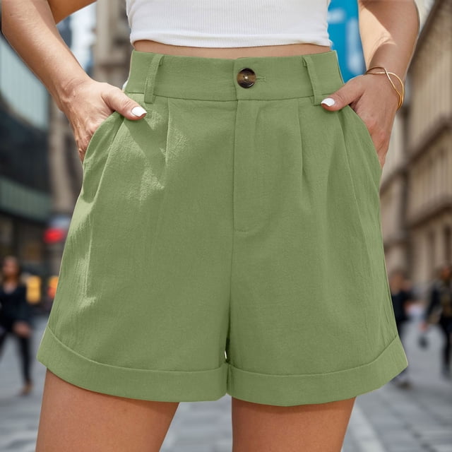 Bmisegm Short en Lin Taille Haute pour Femme avec Poches, Vert, G