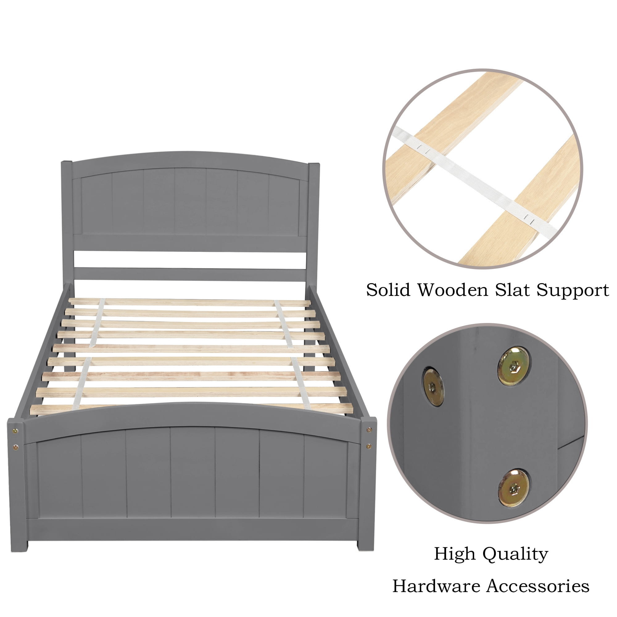 Aukfa Solid Wood Bed Frame, Twin Platform Bed with Headboard, Gray