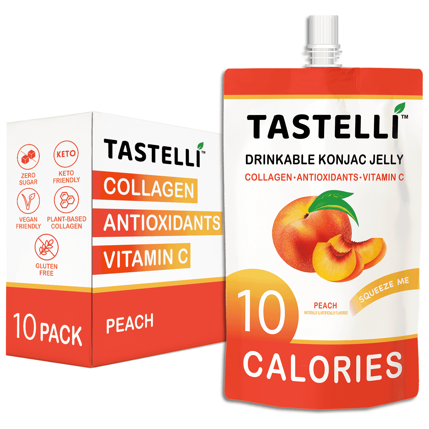 Tastelli Peach Konjac Jelly Infused with Collagen & Vitamin C | Gluten Free, Sugar Free, Low Calorie | Vegan Drinkable Fruit Jelly Snack | 150mL x 10 Pouches