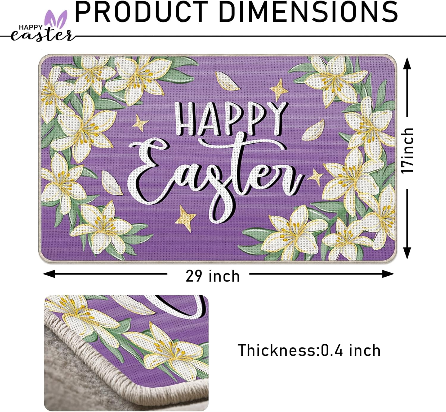 Happy Easter Lily Flowers Decorative Front Door Mat, Purple Floral Doormat Indoor Outdoor Non-Slip Floor Entryway Rug, Spring Home Kitchen Decoration 17x30 Inch