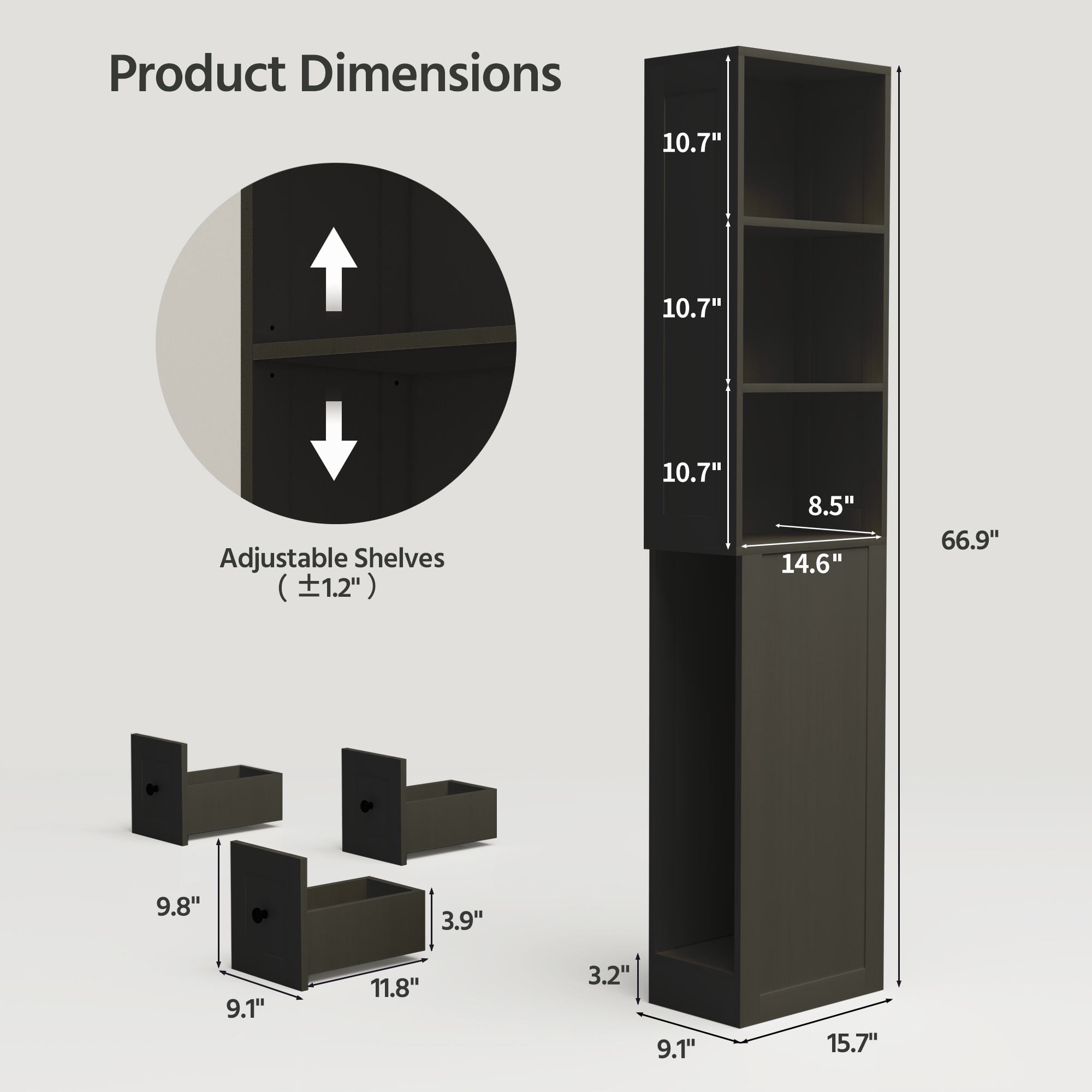 KAMEROUT Tall Slim Storage Cabinet with 2 Adjustable Shelves & 3-level Drawers for Bathroom, Kitchen, Black