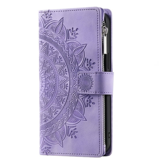 Poweltek Zipper Wallet Case for Samsung Galaxy S26 Plus,Magnetic Flip PU Leather Flower Embossed Cover with Card Holder Slots Pocket Kickstand Handbag Cover, Purple