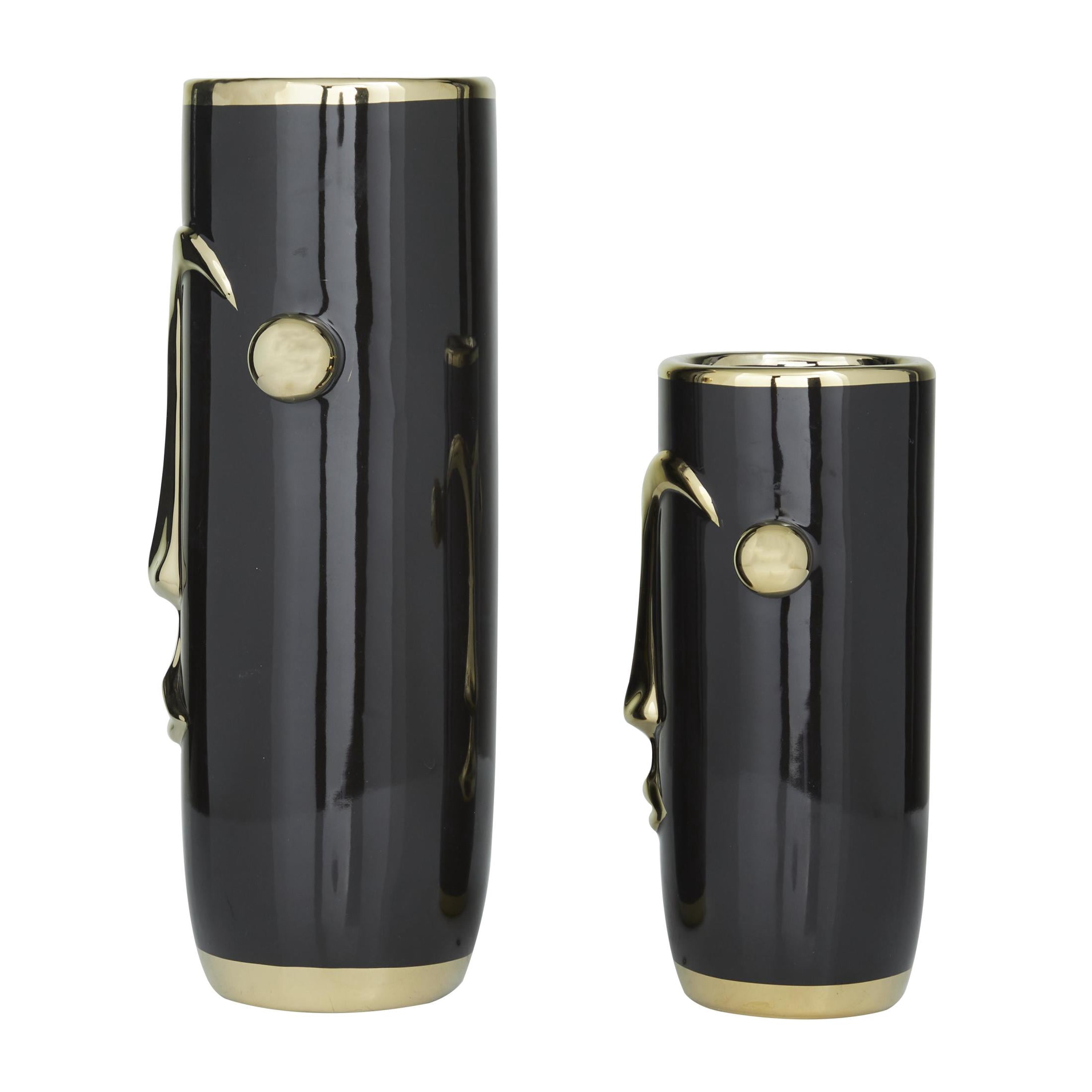 DecMode 16", 11"H Face Abstract Black Ceramic Vase with Gold Details, Set of 2